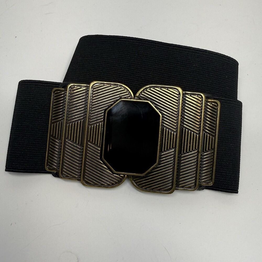Vintage Another Line Art Deco Style Buckle Black Elastic Stretch Belt Sz S/M